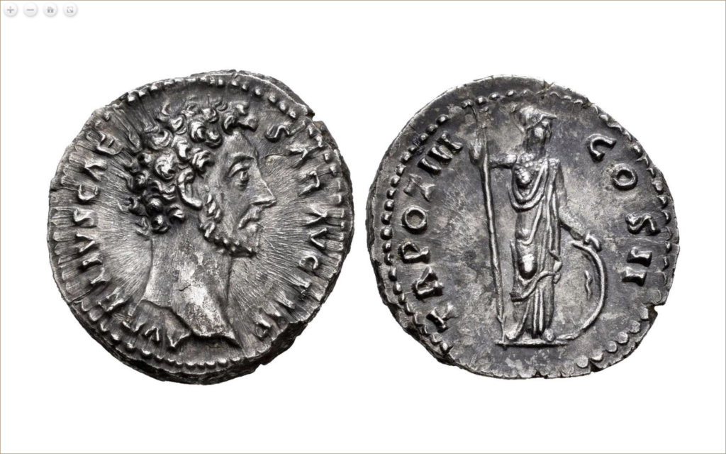 Denario de Marco Aurelio. TR POT III COS II. Minerva a dcha. Roma Denari11