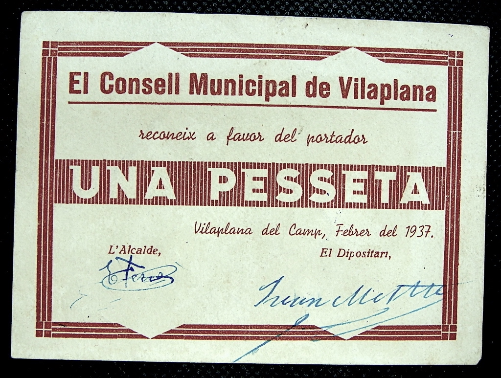 1 Peseta Vilaplana del Camp, 1937 Vilapl13