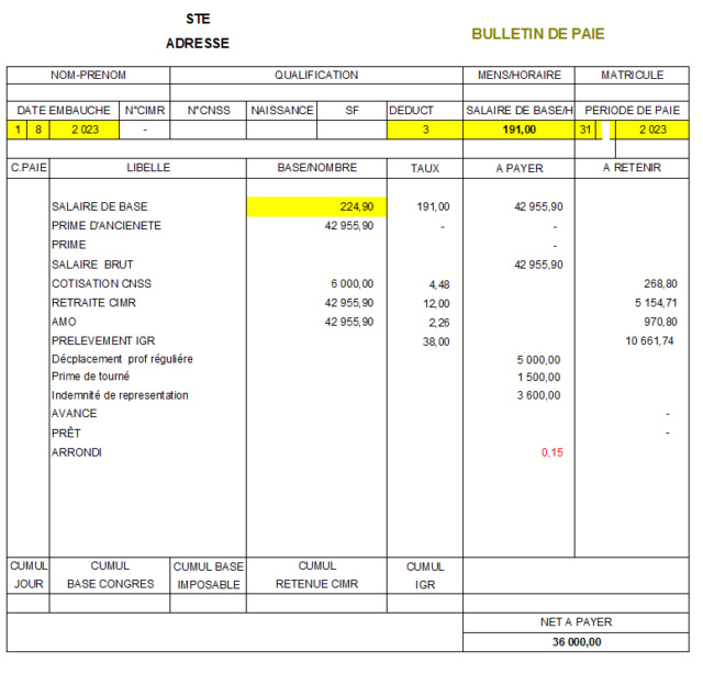 Salaire, Indemnites, CSS, IR Exempl11