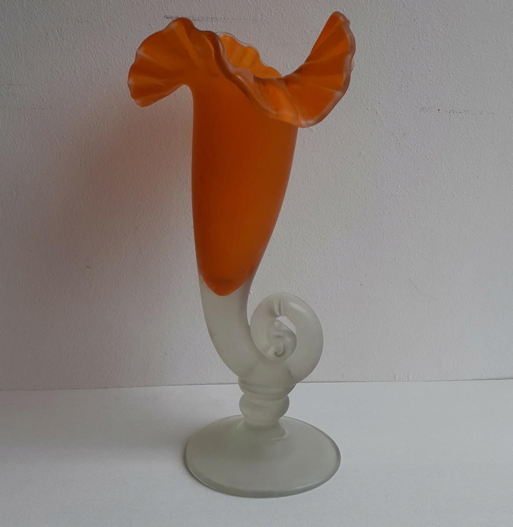 Orange cornucopia vase with fluted rim and spiral pedestal 20220710