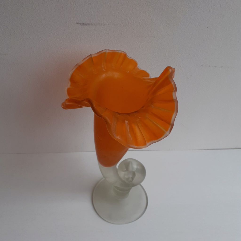 Orange cornucopia vase with fluted rim and spiral pedestal 20220712