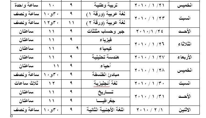 جدول امتحان الفصل الدراسي الأول 2009   /  2010        للصف الأول الثانوي Captur42