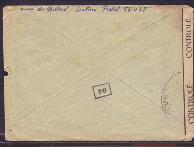 Cachet PTT/A utilisé sur bande " CONTROLÈ " en janvier 1945 sur lettre de Mulhouse. 2_000111