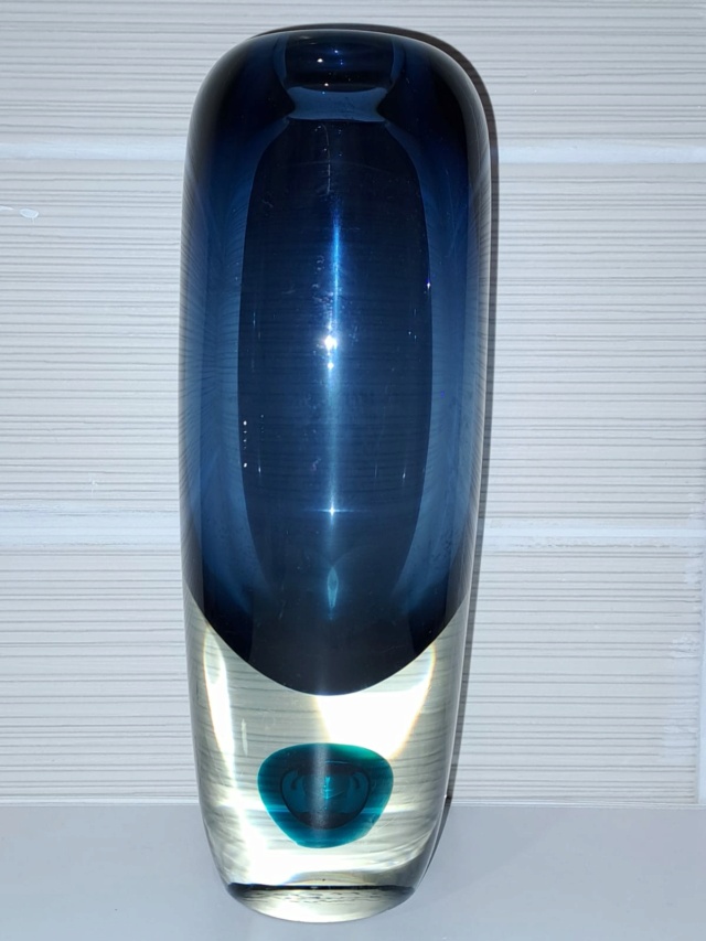 Swedish 1961 blue/clear cased art glass vase, cannot decipher signature Img-2010