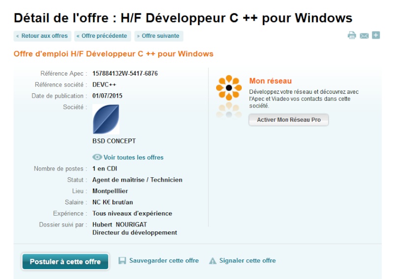 Offre d'emploi H/F Développeur C ++ pour Windows  135