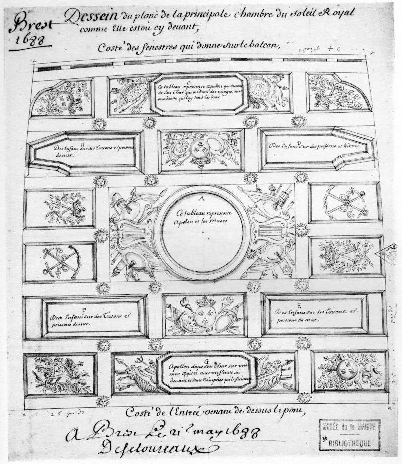Soleil Royal - Plan d'ornementation de la chambre principale daté "Brest 1688".  Plafon10