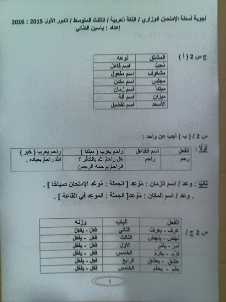 أسئلة امتحان اللغة العربية للثالث المتوسط 2015 وأجوبتها النموذجية والتصحيح مرشحات 2018 G210