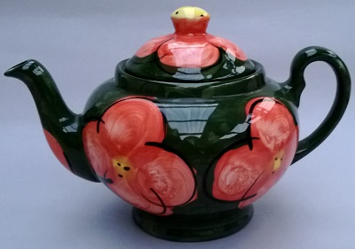 Christine Harris teapot green with red flowers Christ11