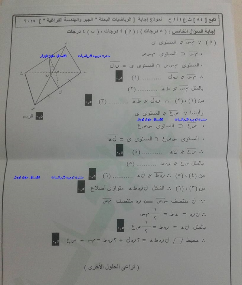 راجع اجابتك_ إجابة امتحان الجبر والهندسة الفراغية للثانوية العامة 2015 نظام حديث 1510