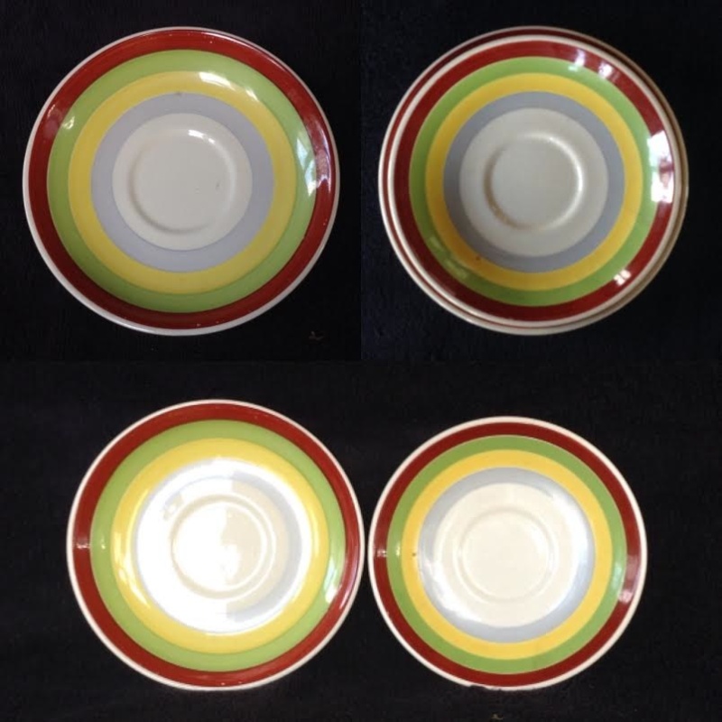 For gallery: 802 Breakfast Cup, correct 744 large saucer, different Fiesta Gaye backstamp, 4610 vit jumbo saucer 74480510