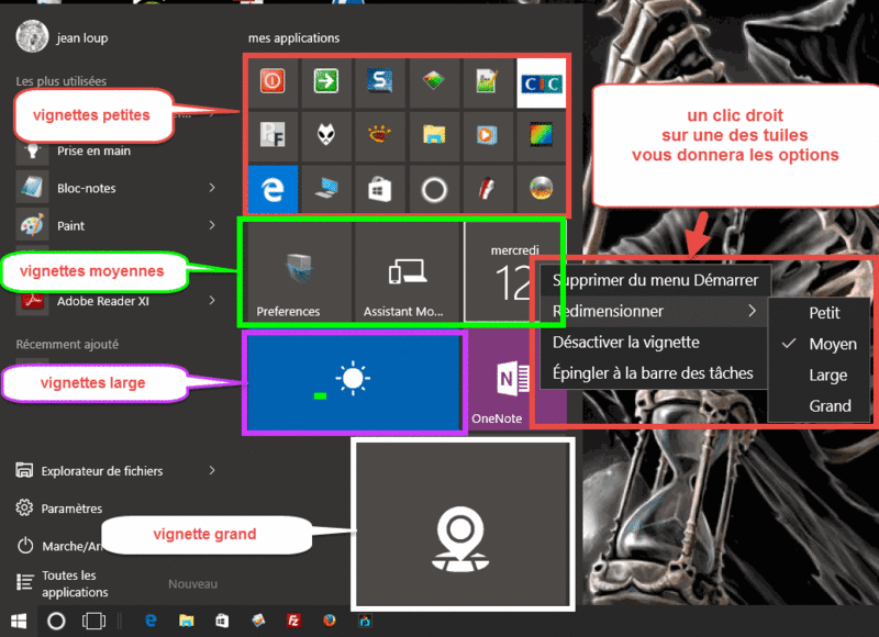 Aménager les tuiles du menu "démarrer" Windows 10 Vignet10