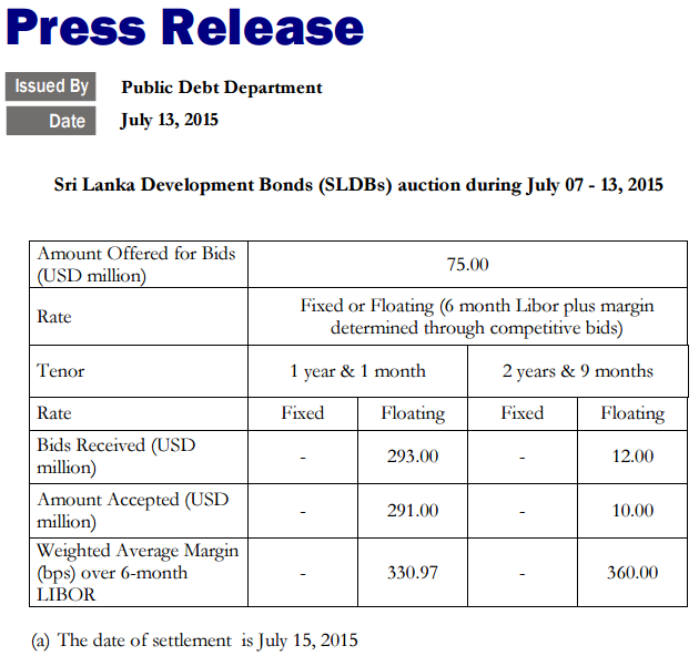 Sri Lanka Development Bonds auction during July 07 to 13, 2015 Cbs18