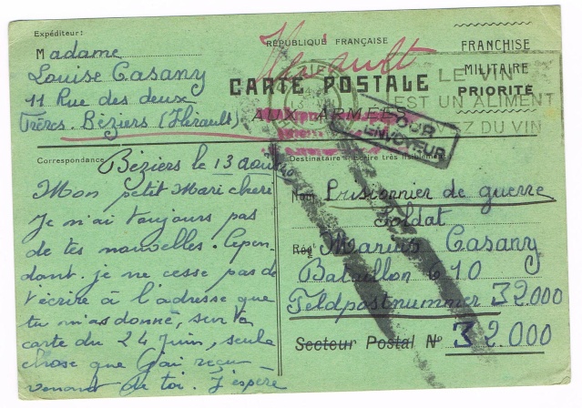 CARTE POSTALE FRANCHISE MILITAIRE PRIORITE pour un prisonnier envoyé au Feldpostnummer 32000 Ccf21010