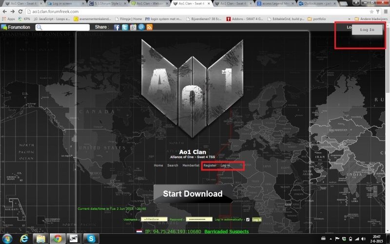 Log in screen Login210