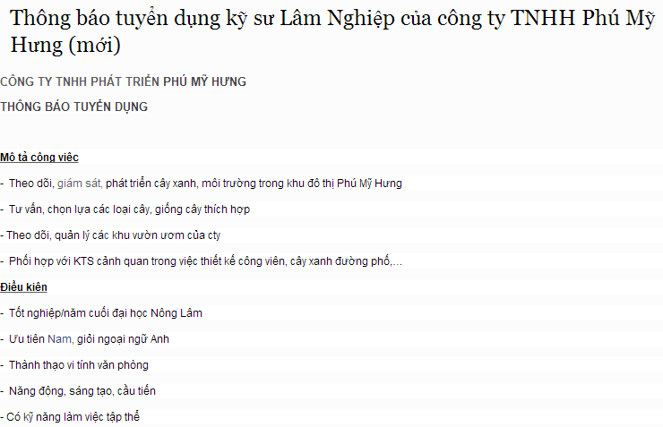 Thông báo tuyển dụng kỹ sư Lâm Nghiệp của công ty TNHH Phú Mỹ Hưng (mới) 111