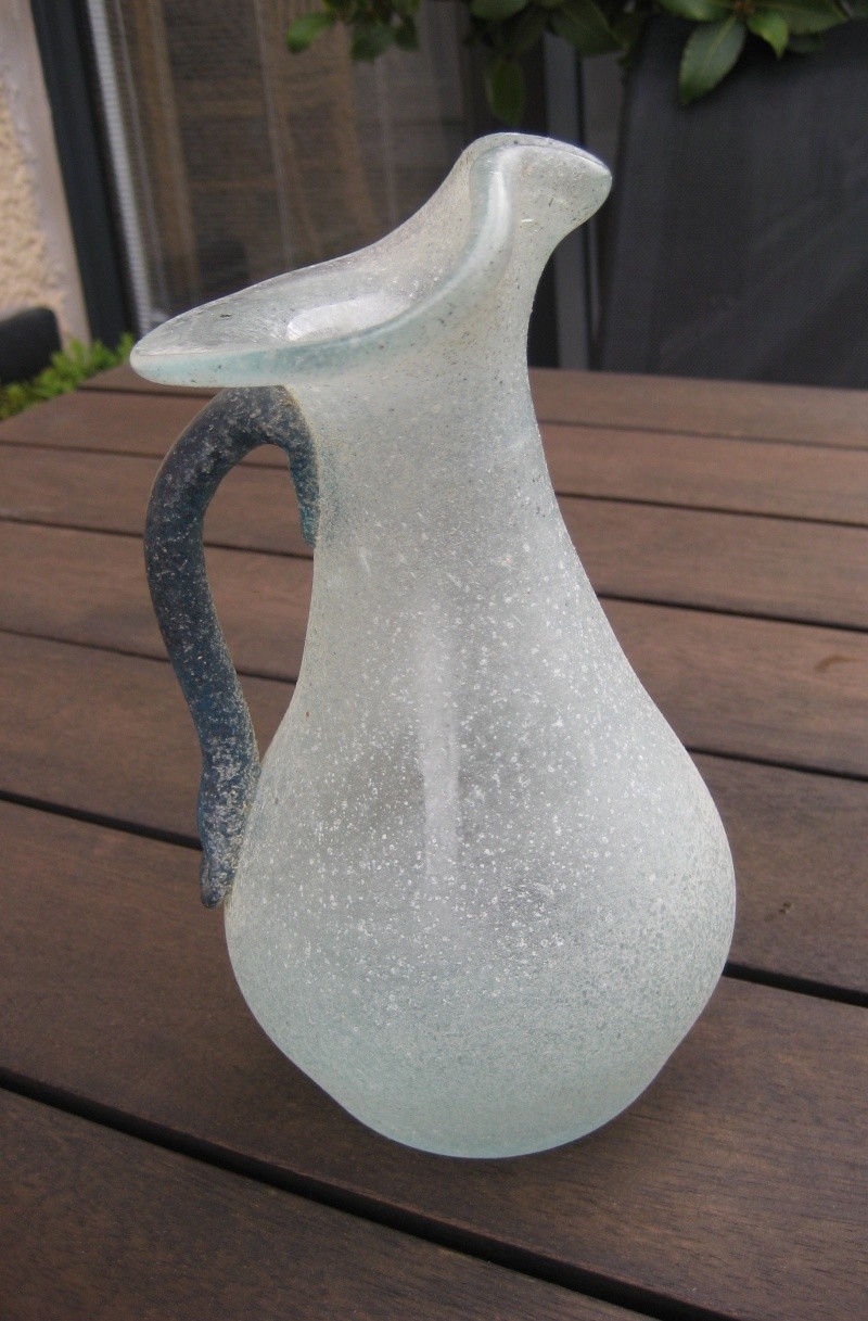 Sandblast? textured opaque turquoise glass jug. Scar on base. Img_0210