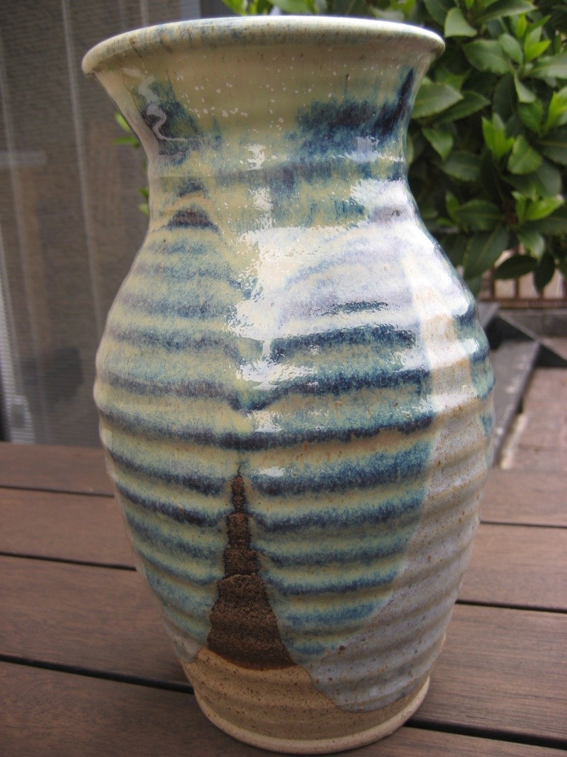 Stoneware ribbed vase, fluted rim, unusual angle dipped glaze, no marks Img_0330