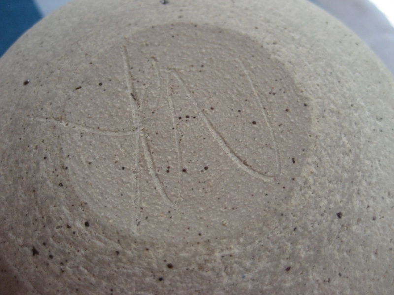 Stoneware rounded hollow vase, simple line decoration, initials mark. Img_0339