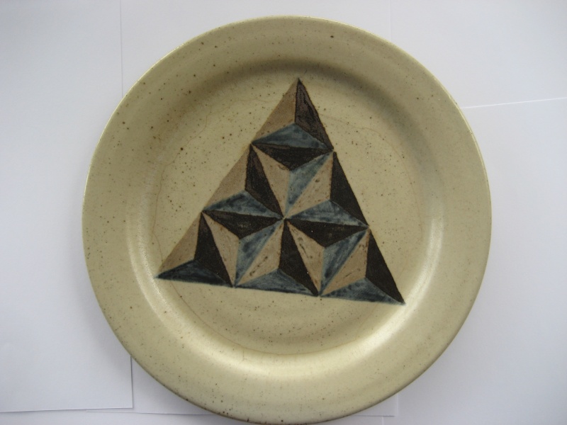 Stoneware dinner plate geometric hand painted design. W on the back. Img_0722