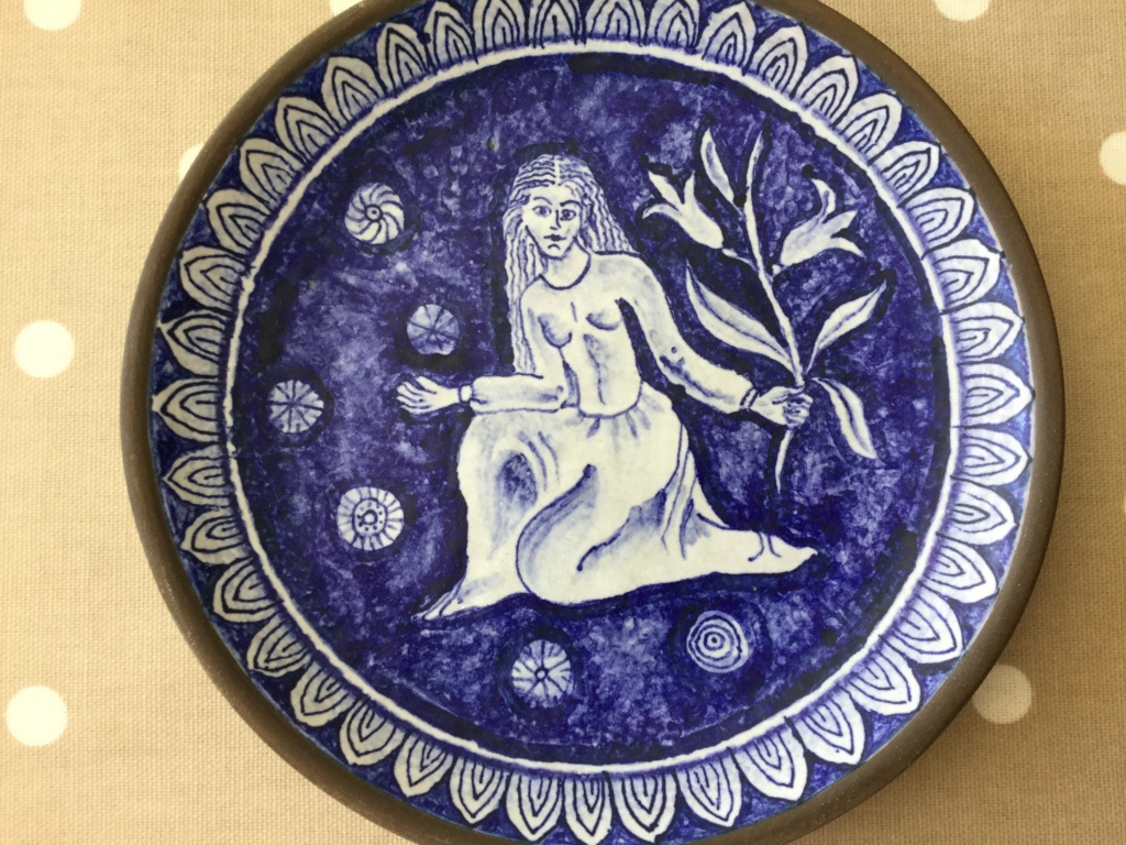 Hand painted folksy plate with young maiden Jungfrau, SH mark?  7224d210