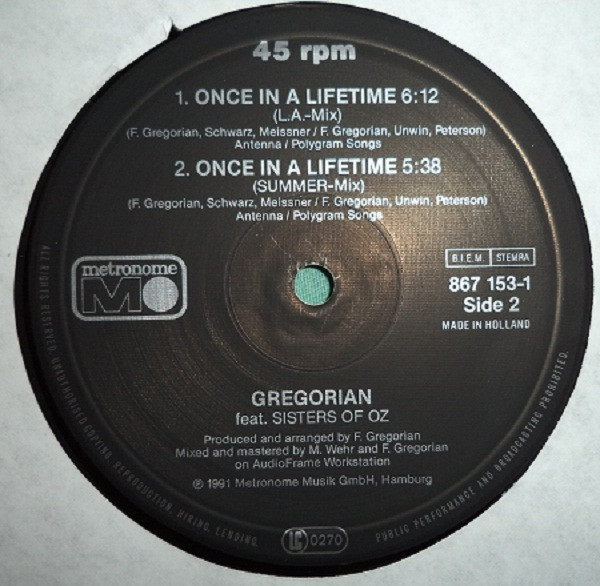 Gregorian  feat. Sisters Of Oz – Once In A Lifetime vinyl 12" 1991 AAC Side_452