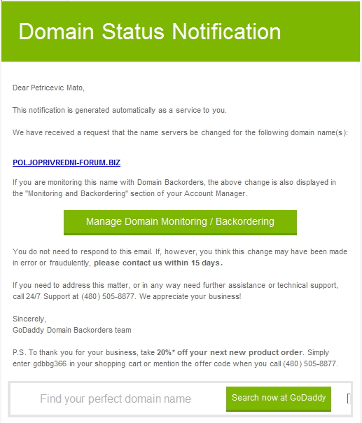 E-mail from GoDaddy Domain10