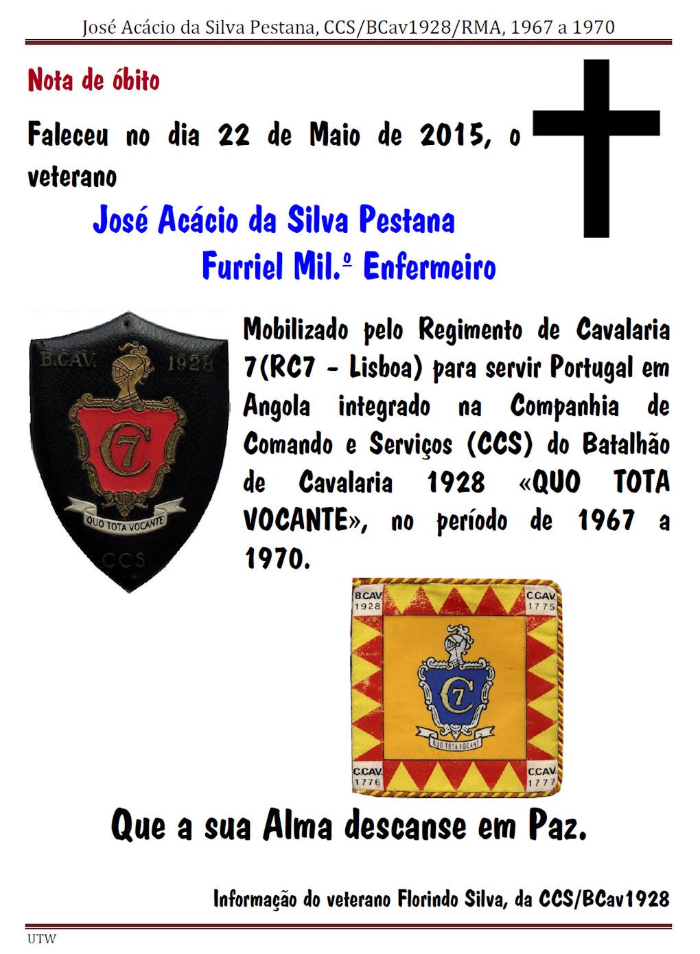 Faleceu o veterano José Acácio da Silva Pestana, da CCS/BCav1928 Joseac12