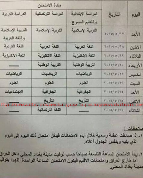 جدول امتحانات الصف السادس الإبتدائى فى العراق 2015 الدور الأول جدول امتحانات الشهادة الابتدائية فى العراق 2015 512