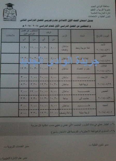 جداول امتحانات نهاية العام بالوادى الجديد جميع الصفوف 2015 1_y10