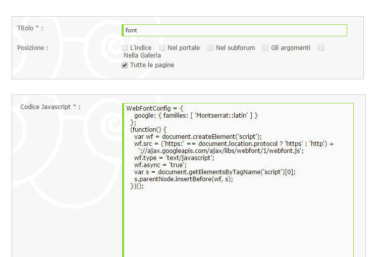Javascript solo in alcune pagine per Font Google 210
