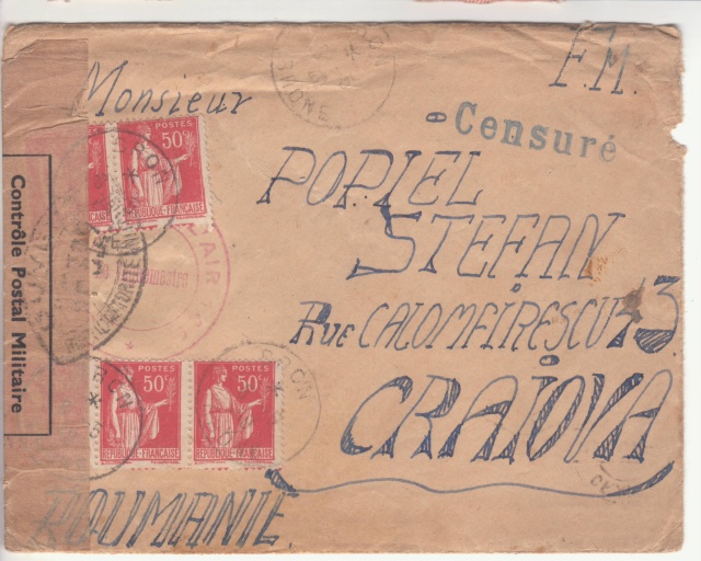Cachet linéaire "Censuré" sur plis du Bataillon de l'air 145 vers la Roumanie en mai 1940 _4001910