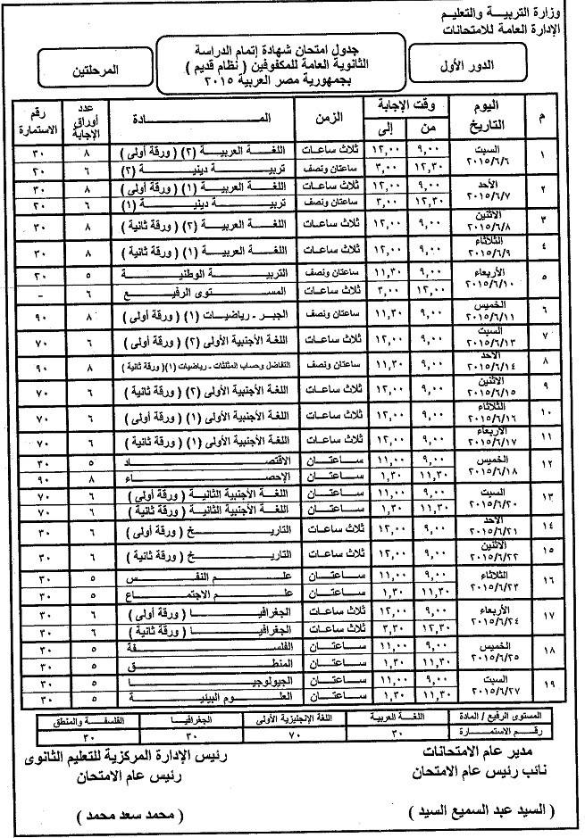 جدول امتحان الثانوية العامة للمكفوفين للنظام القديم المرحلتين الدور الاول لعام 2015 410