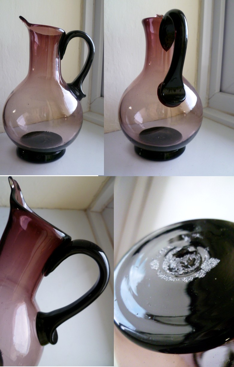 Handblown plum small jug with distinctive spout, handle, base and pontil Apurp10