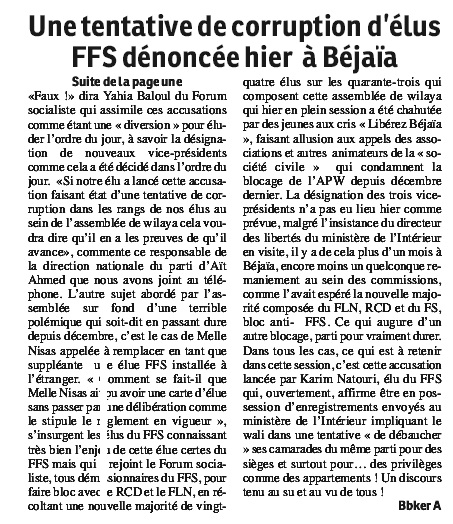 une tentative de corruption d'élus FFS dénoncée hier à Bejaia  710