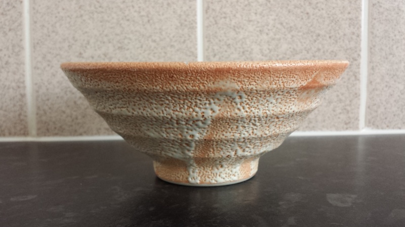 Shino glazed footed bowl, unmarked - Japanese noodle bowl  20150311