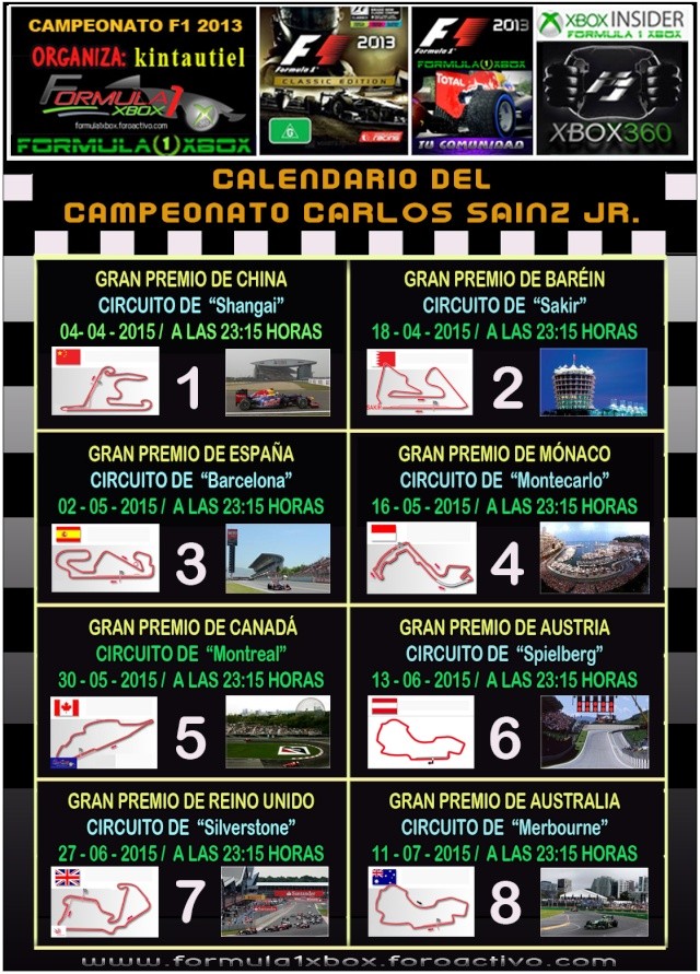 F1 2013 / Cto. Carlos Sainz Jr.- Formula 1 Xbox / Sábados 23:15h./ Cada 15 días / Inscripciones. Calend24