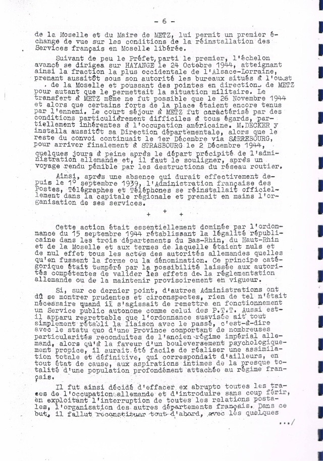 Rapport sur les conditions de reprise et de remise en marche des services postaux d’Alsace et de Lorraine après la Libération. Ccf19014