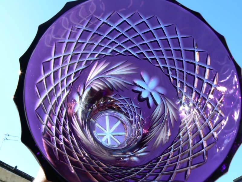 Large purple vase with molded and cut glass,who is it by? P1180331