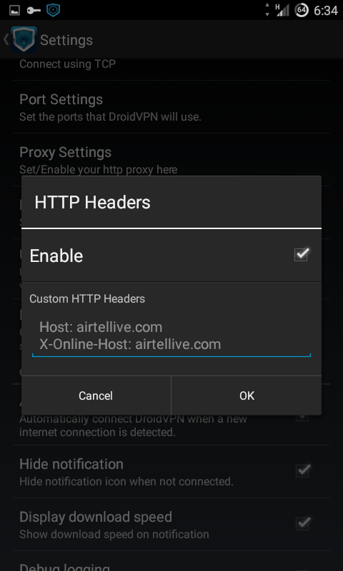 Airtel + DroidVpn on Android 410