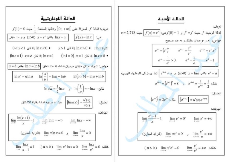 Résumés de cours (La fonction exponentielle, Logarithme (El Dalla El Oussia,Lougharitmia)) & autres 11156212