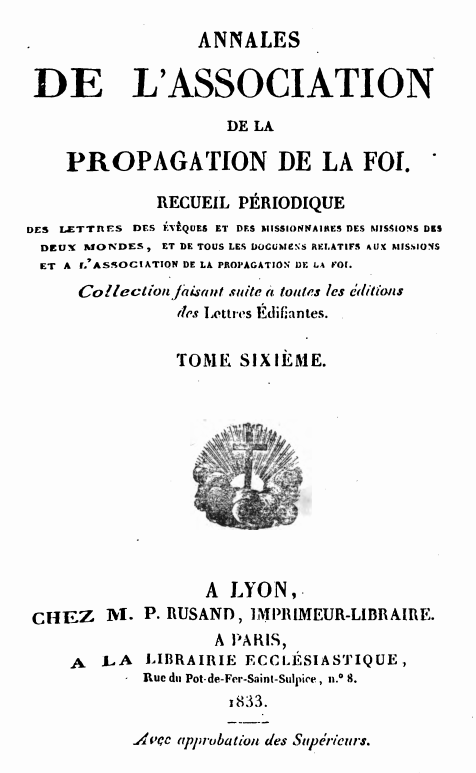 ANNALES de la PROPAGATION de la FOI -6- (1832-1833 : Missions d'Asie et d'Amérique) Annale40