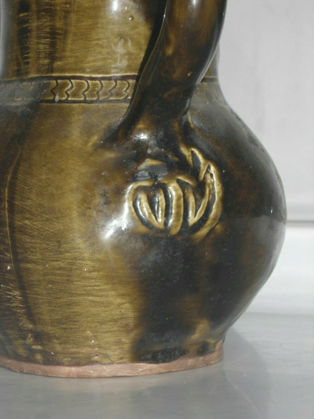 studio pottery jug tulip or VV mark Green210