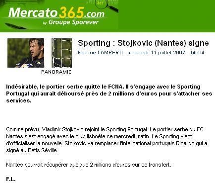 Sporting : Stojkovic (Nantes) signe 141