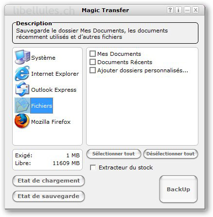 Magic Transfert : sauvegarde dossiers, navigateurs, outlook Magict11