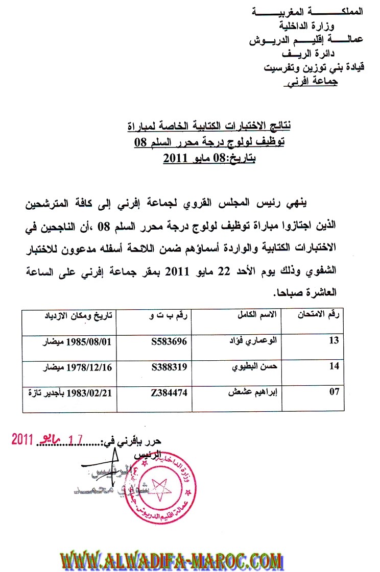 جماعة افرني: نتائج الاختبارات الكتابية الخاصة لمباراة توظيف لولوج درجة محرر السلم 8 بتاريخ 8 مايو 2011 , المباراة الشفوية يوم 22 مايو 2011 Alwadi14