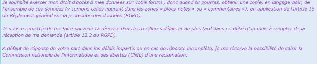 Un membre veut "exercer son droit d'accès à ses données" Demand10