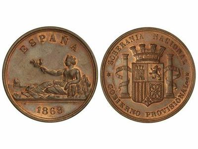 España, 5 Pesetas del Gobierno Provisional 1868. Medalla de Bronce Reprod10