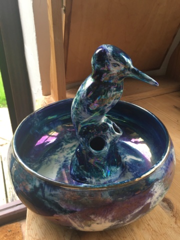 Blue, green and white lustre kingfisher flower frog and float bowl. 344c8310