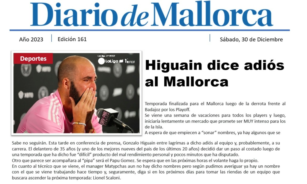 Diario de Mallorca "Higuain dice adios al Mallorca" 16110