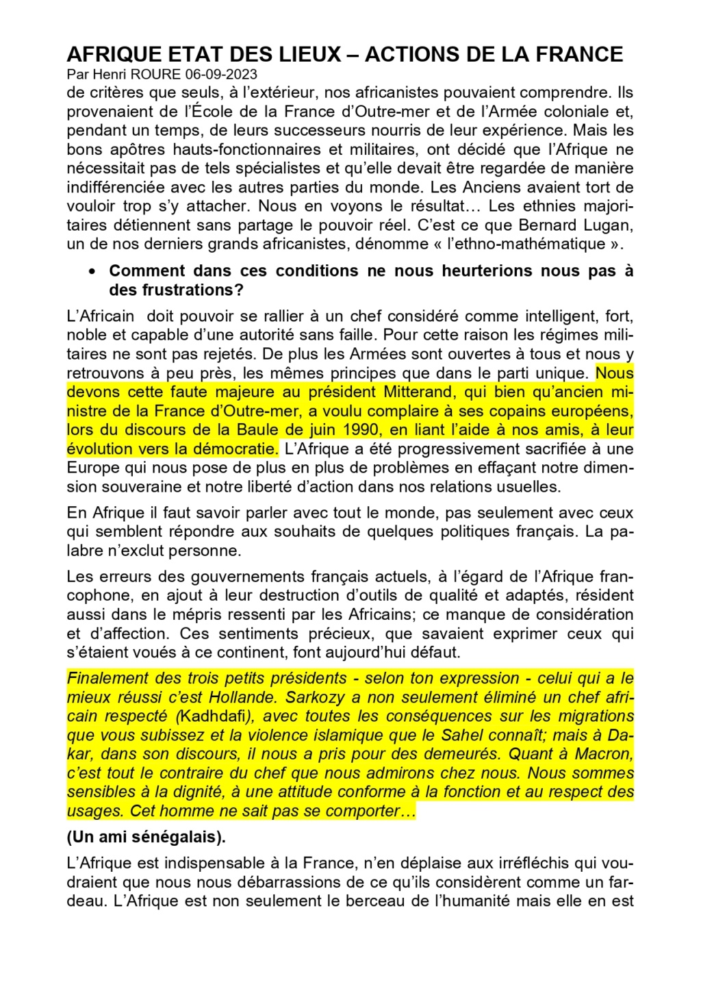 AFRIGUE ETAT DES LIEUX - ACTION DE LA FRANCE par Henri ROURE 06-09-2023 "Quand les Français serviront-ils à nouveau la France? Afriqu11